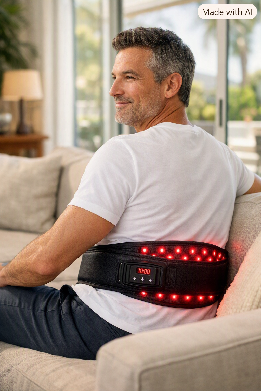 Man relaxing at home while wearing the Infra-Relief lumbar belt